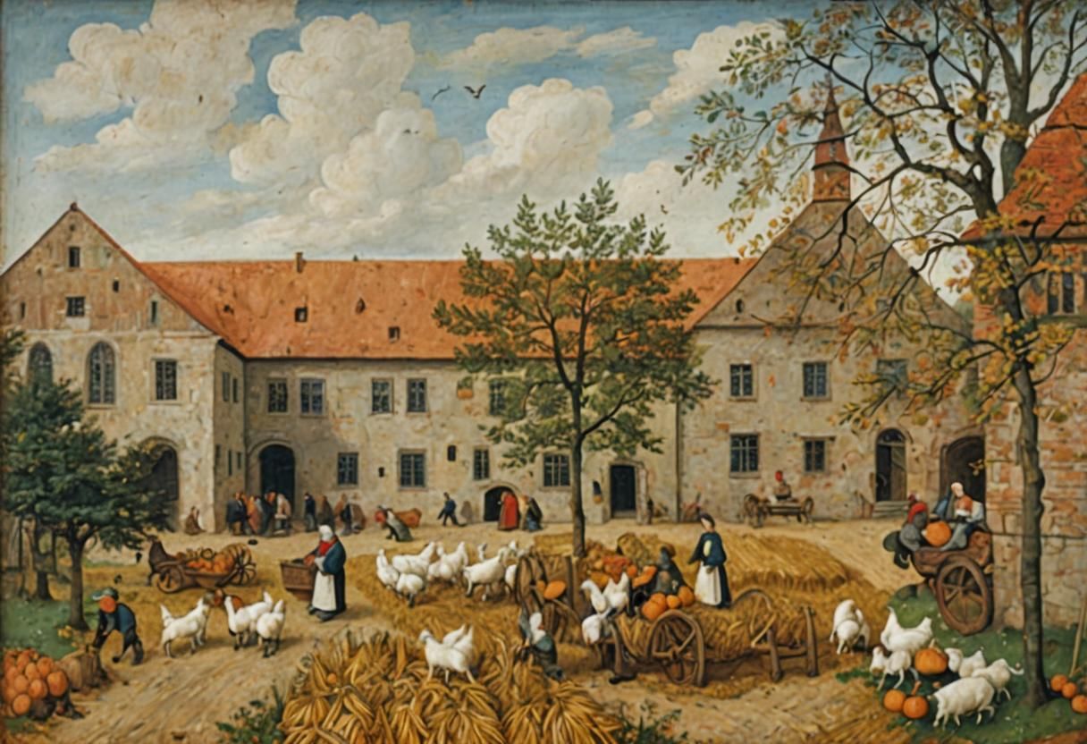 German Monastery Scene in Impasto Style