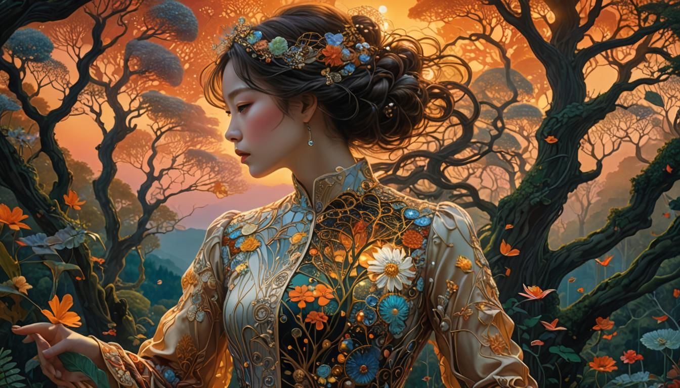 Sunset Forest Woman in Art Nouveau Style