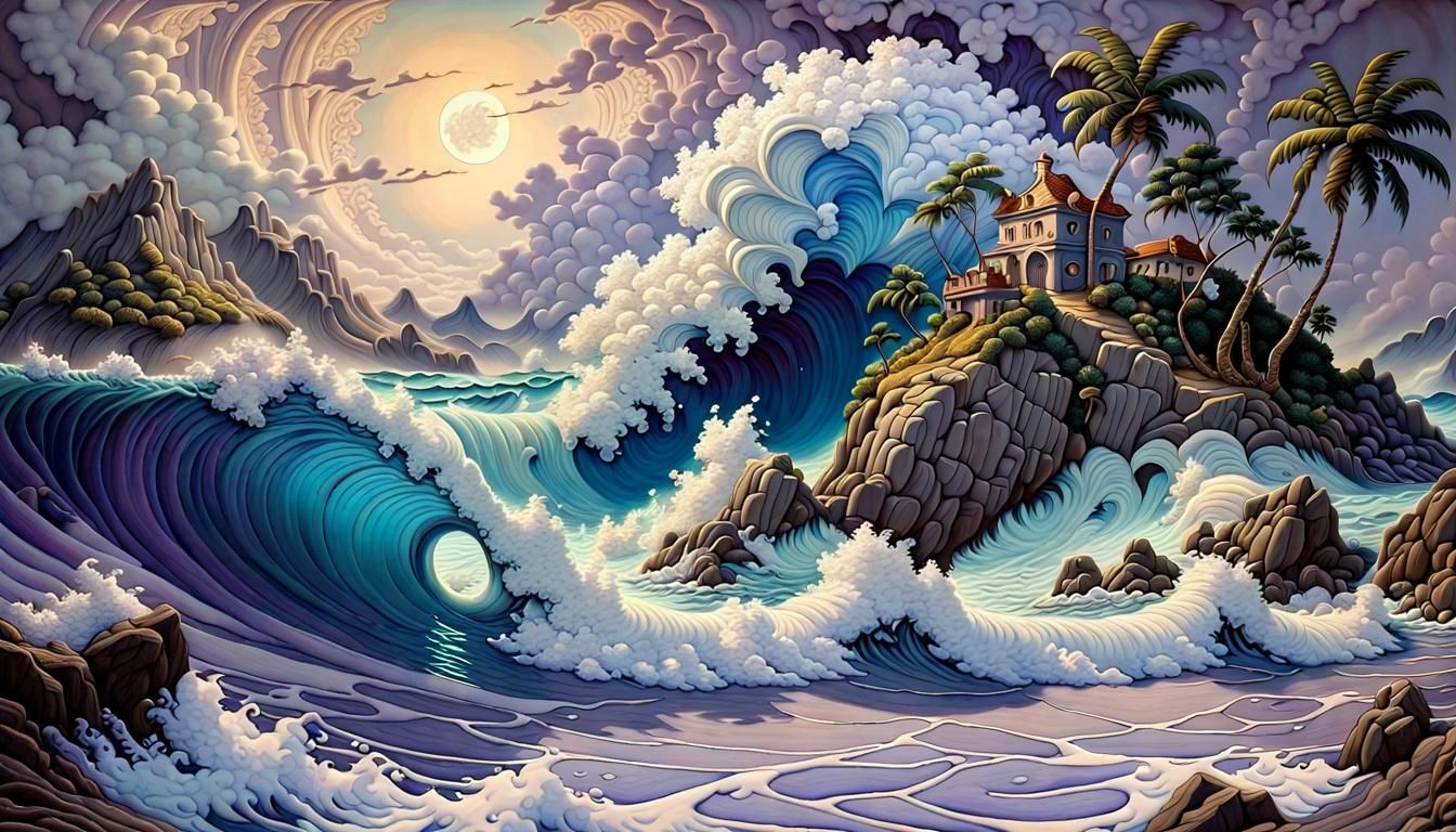 Maxfield Parrish inspired tropical island in an amazingly de...