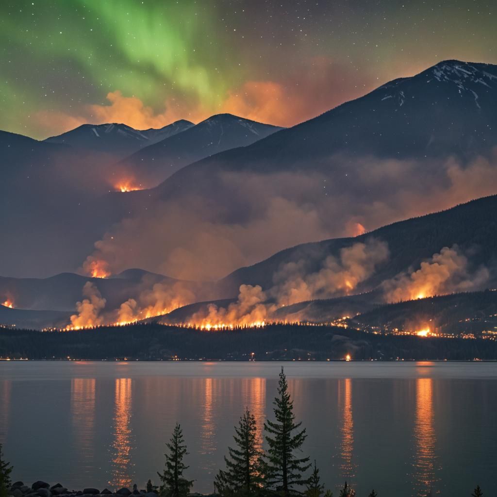 Okanagan Forest Fire Under Aurora Borealis