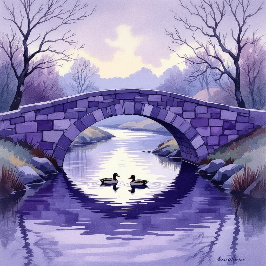 River Scene with Purple Bridge in Watercolor Style