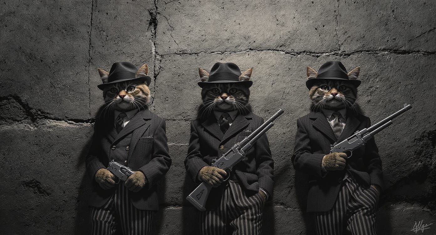 Kittens in Gangster Suits With Tommy Guns