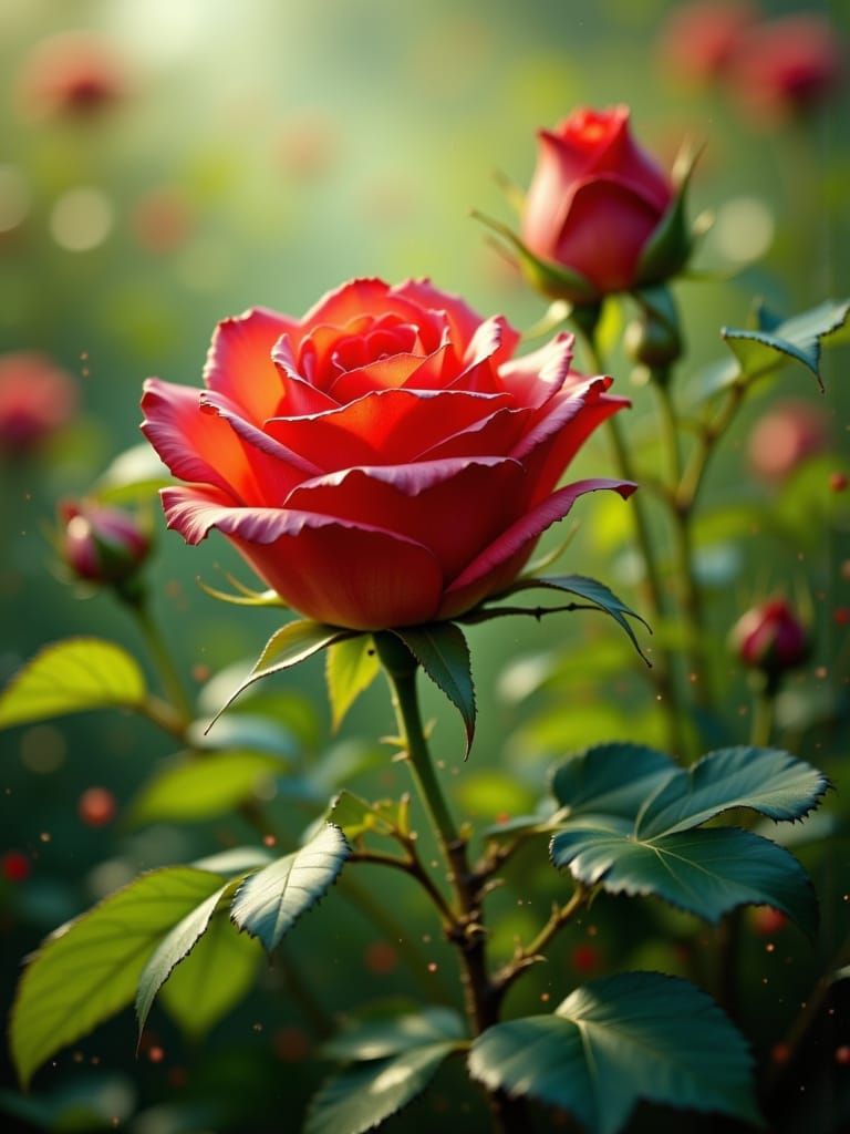 Red Rose Blossom in Spring Sunlight
