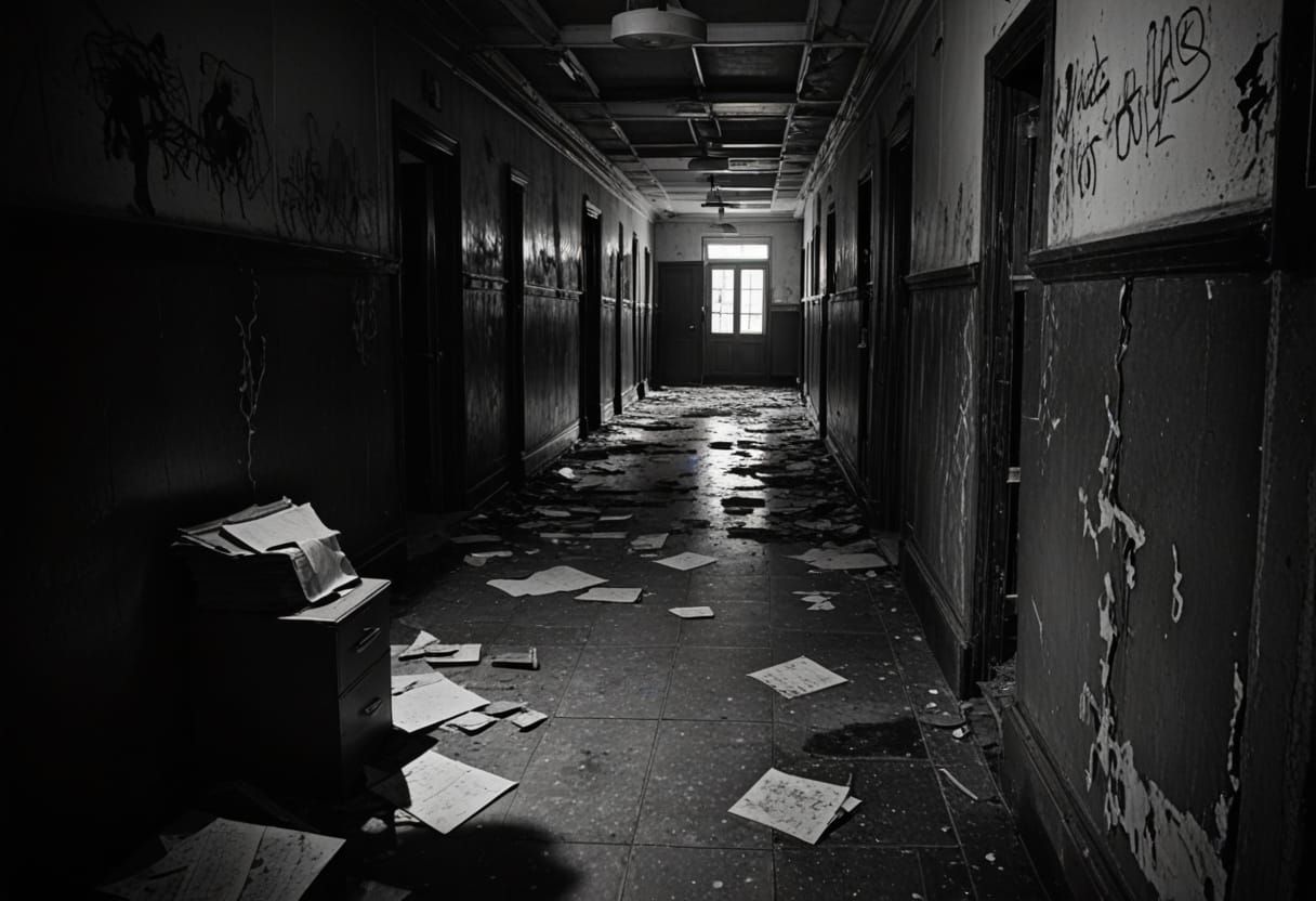 Sinister Abandoned School Corridor in Black and White