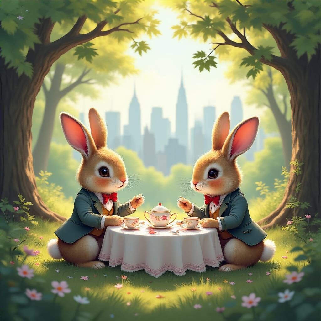 Bunnies Enjoy Tea Party in Urban Glade