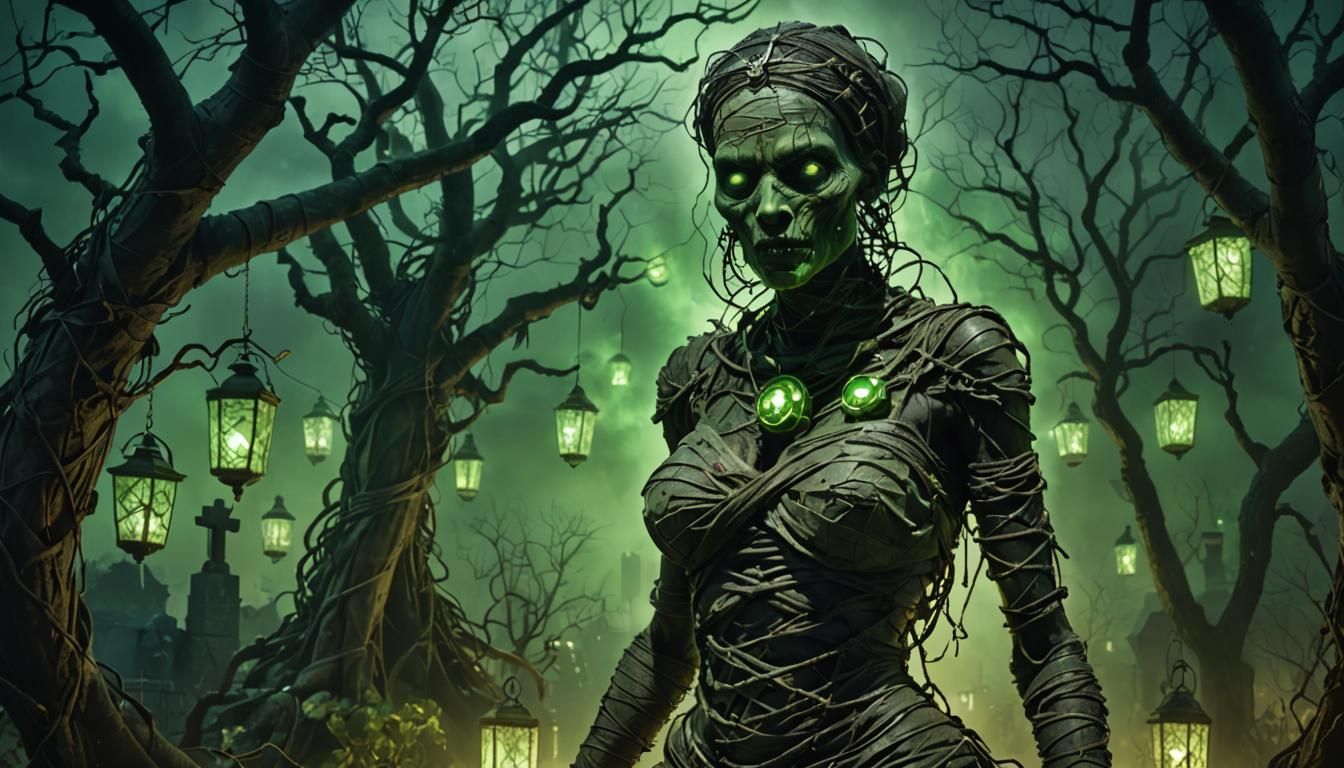 Demonic Mummy Pinup in Haunted Garden