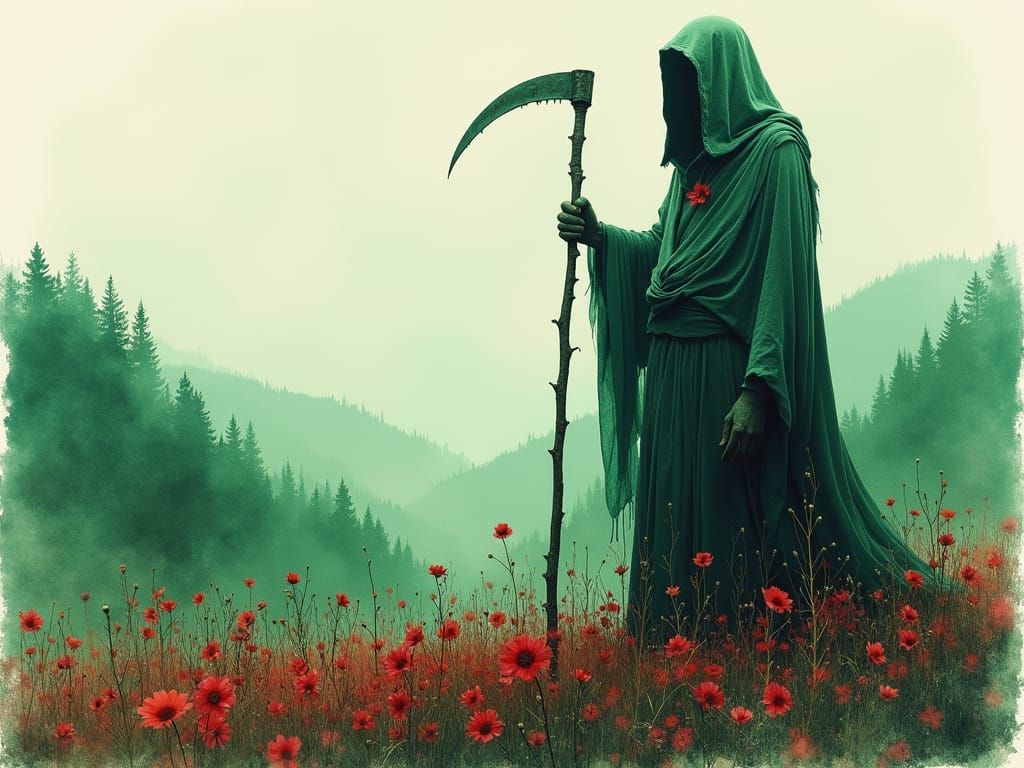 Watercolor Grim Reaper Double Exposure Landscape