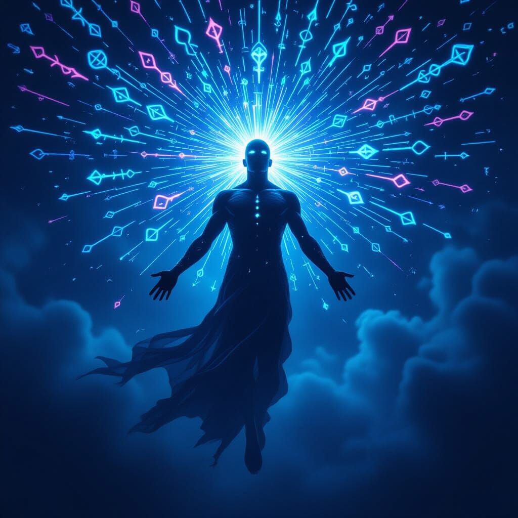 Mystical Figure Drifting Through Indigo Atmosphere with Symb...