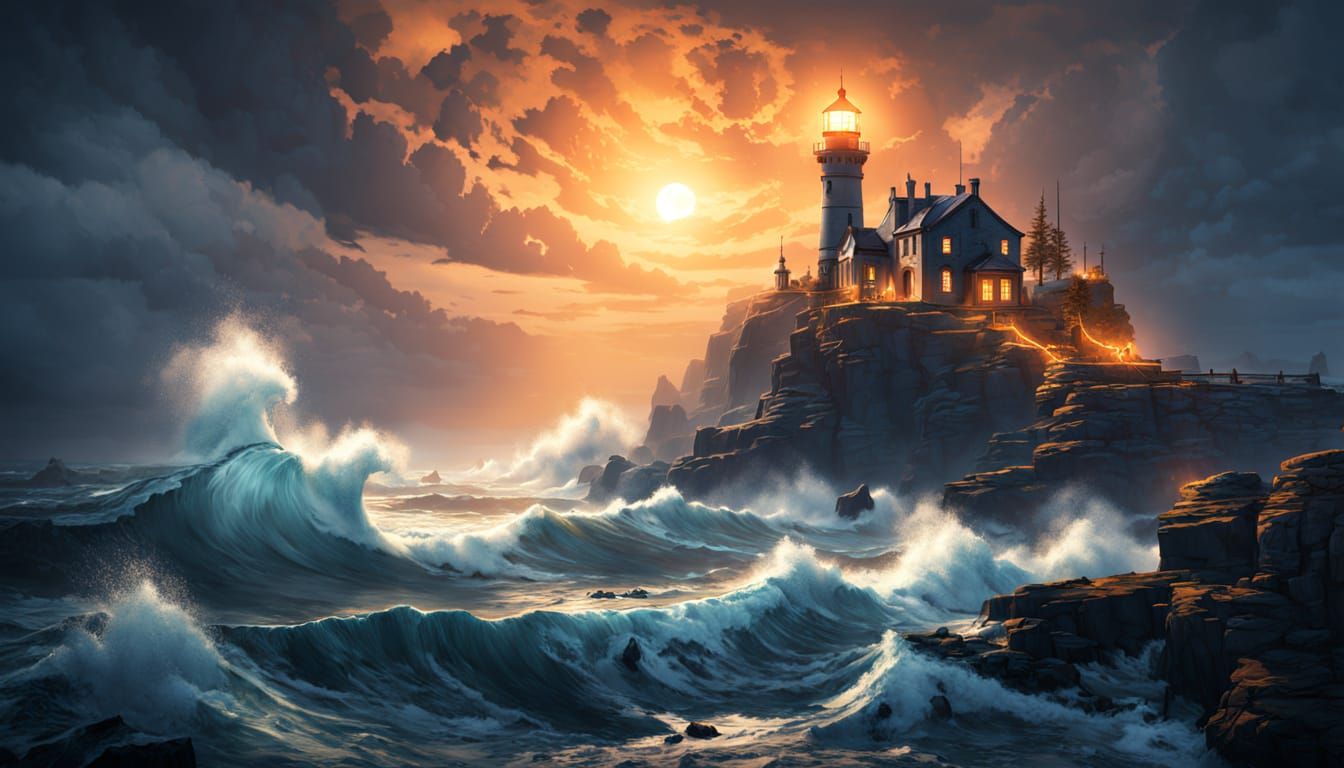 Lighthouse on Craggy Coast in Dark Fantasy Style