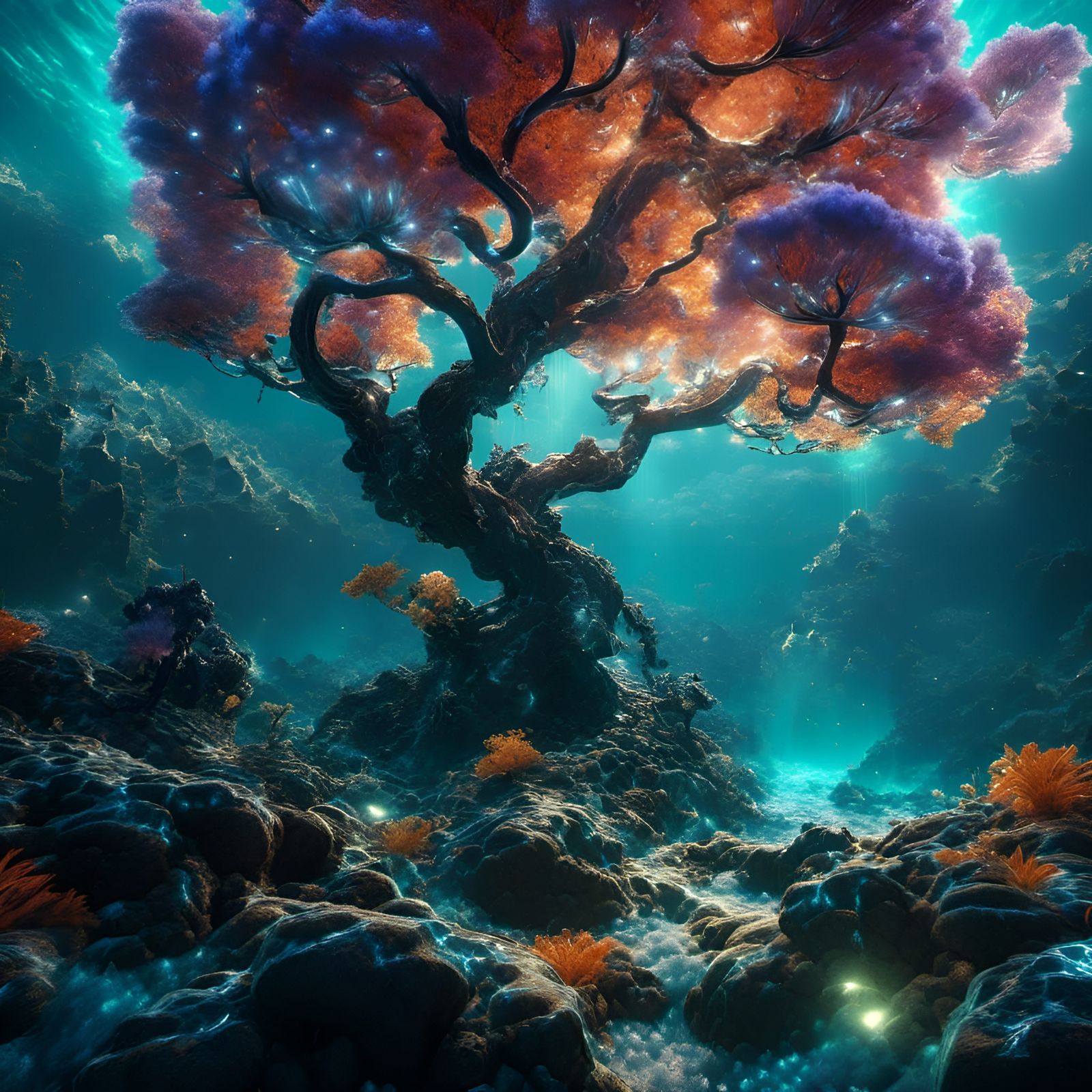Underwater Cybercore Tree Reflecting Aurora