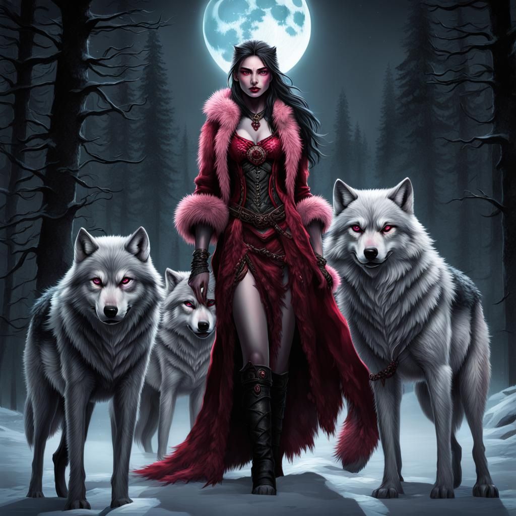 Werewolf Girl with Wolves in Moonlit Forest