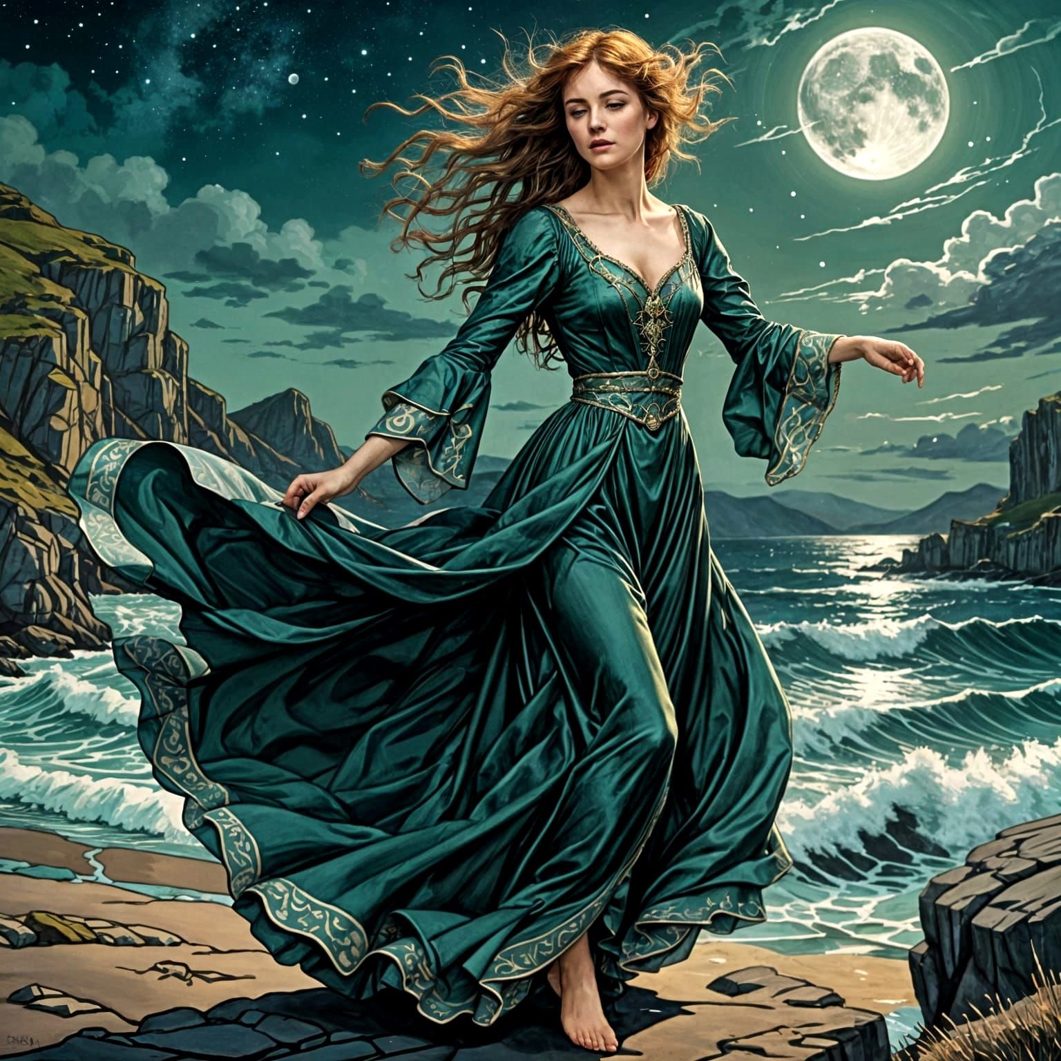 Scottish Woman Dancing on Coastline Under Bright Moon