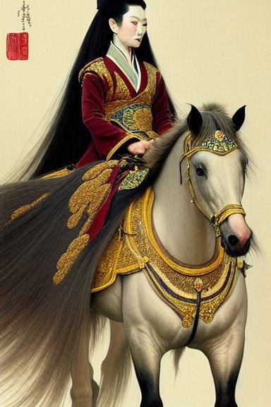 Mongolian Empress on Chestnut Horse in Silk Kimono