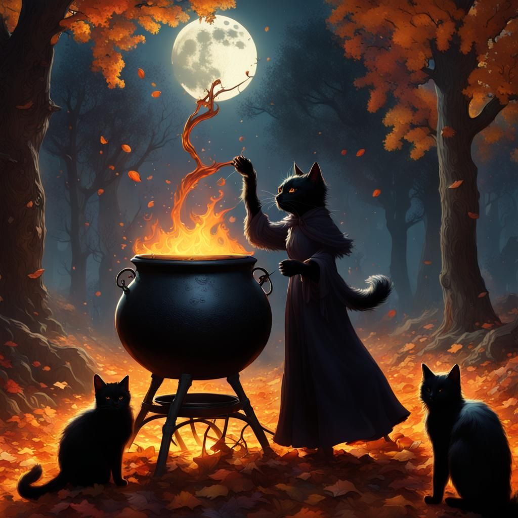 Magical Autumn Night With Dancing Black Cats