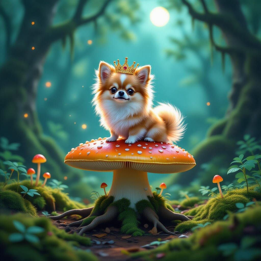 Fluffy Chihuahua in Crown on Bioluminescent Mushroom