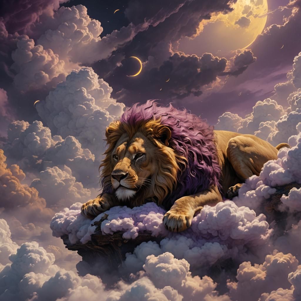 Lion Sleeping on Clouds in Dark Fantasy Style