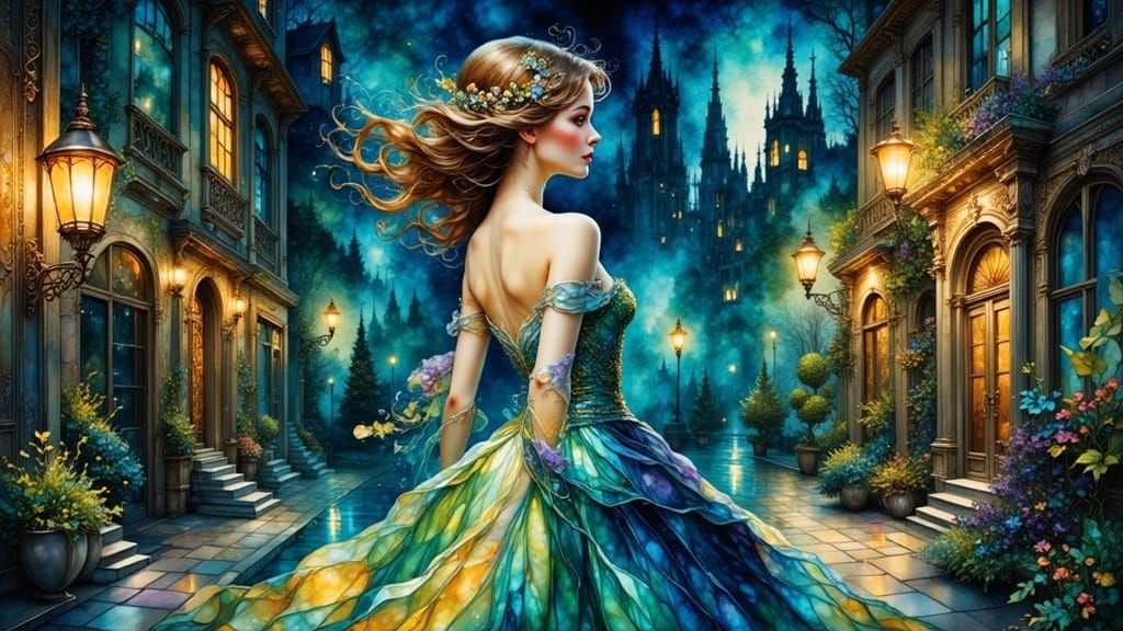 Surreal Dreamscape with Woman Under Lamplight