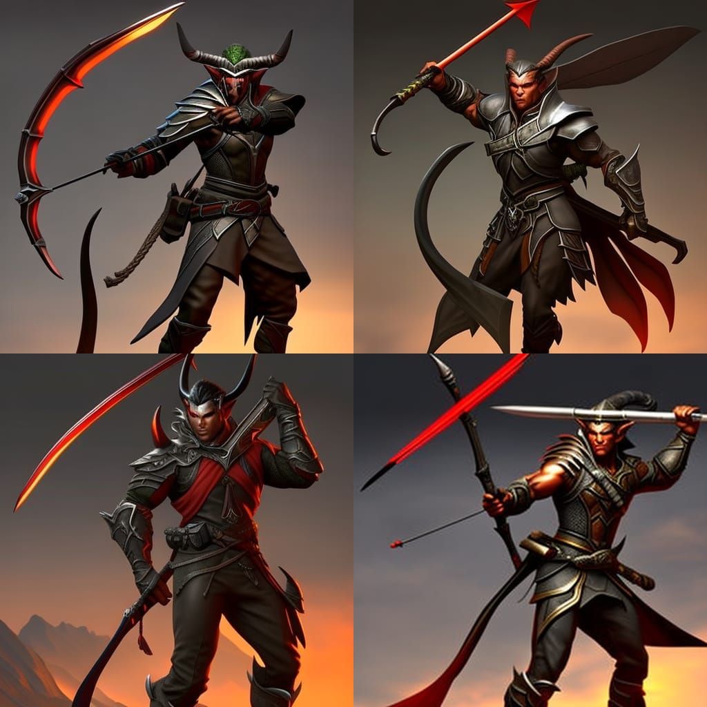 Tiefling Ranger with Bow in Dark Fantasy Style