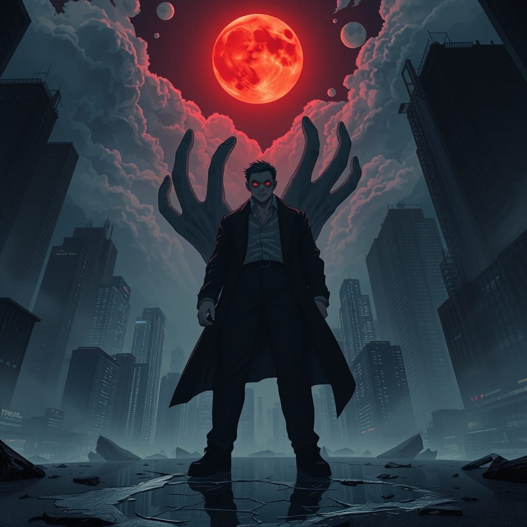 Man's Arrogant Power Corrupts in Ruined City Night