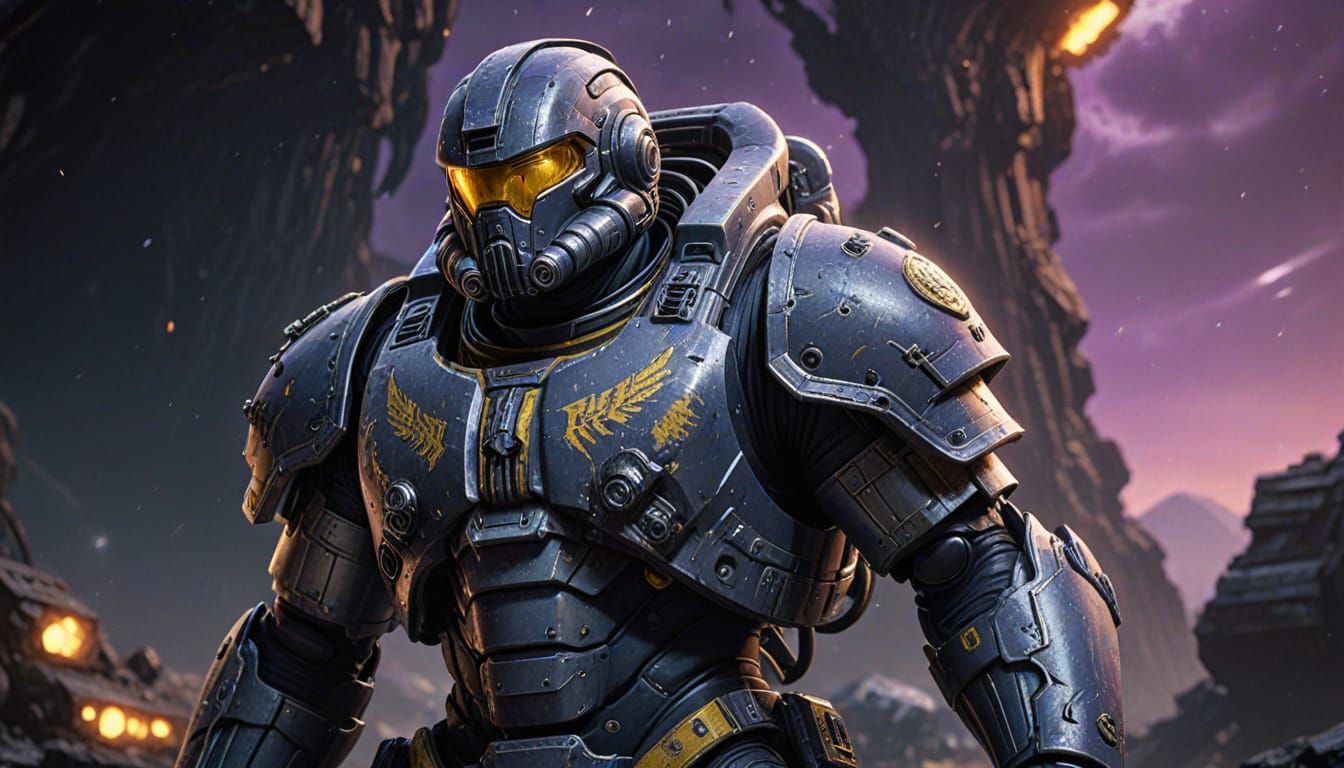 Cyberpunk Space Marine Commander Faces Alien Horde