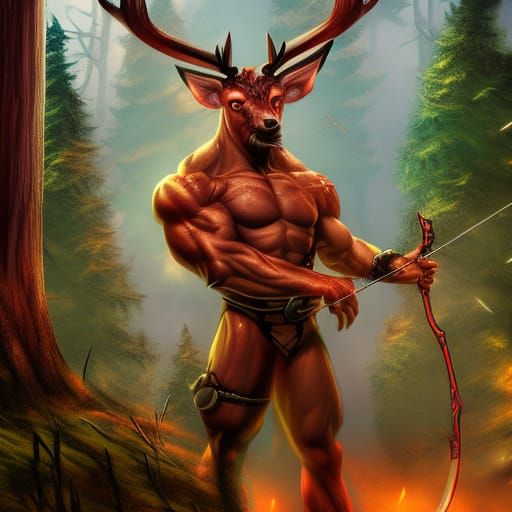 Hyperrealistic Deer Archer in Forest at Dawn