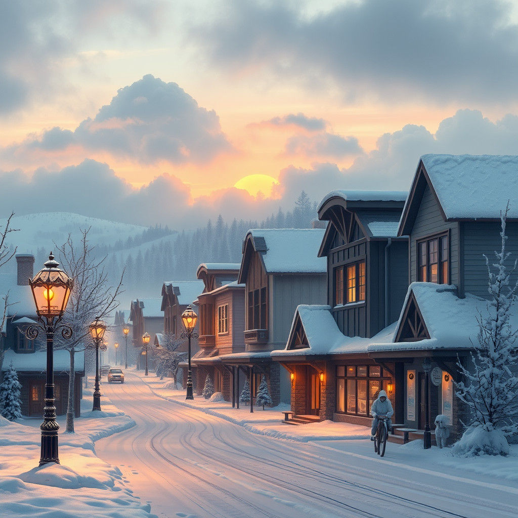 Snowy Western Town in Ethereal Sunset Light