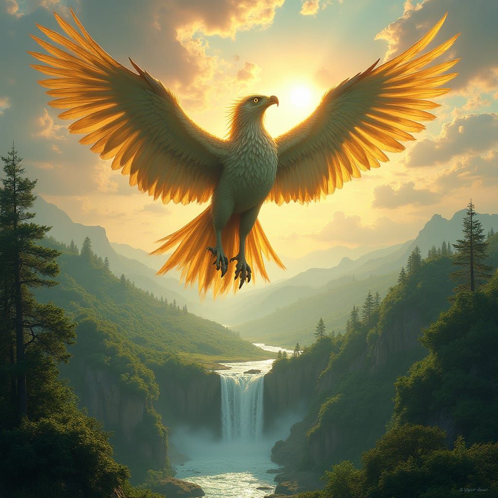 Golden Griffin Soaring Over Fantasy Landscape