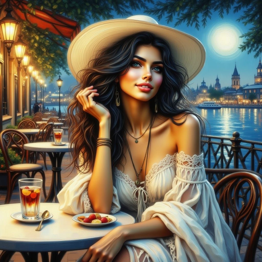 Woman at Waterfront Cafe in Art Nouveau Style