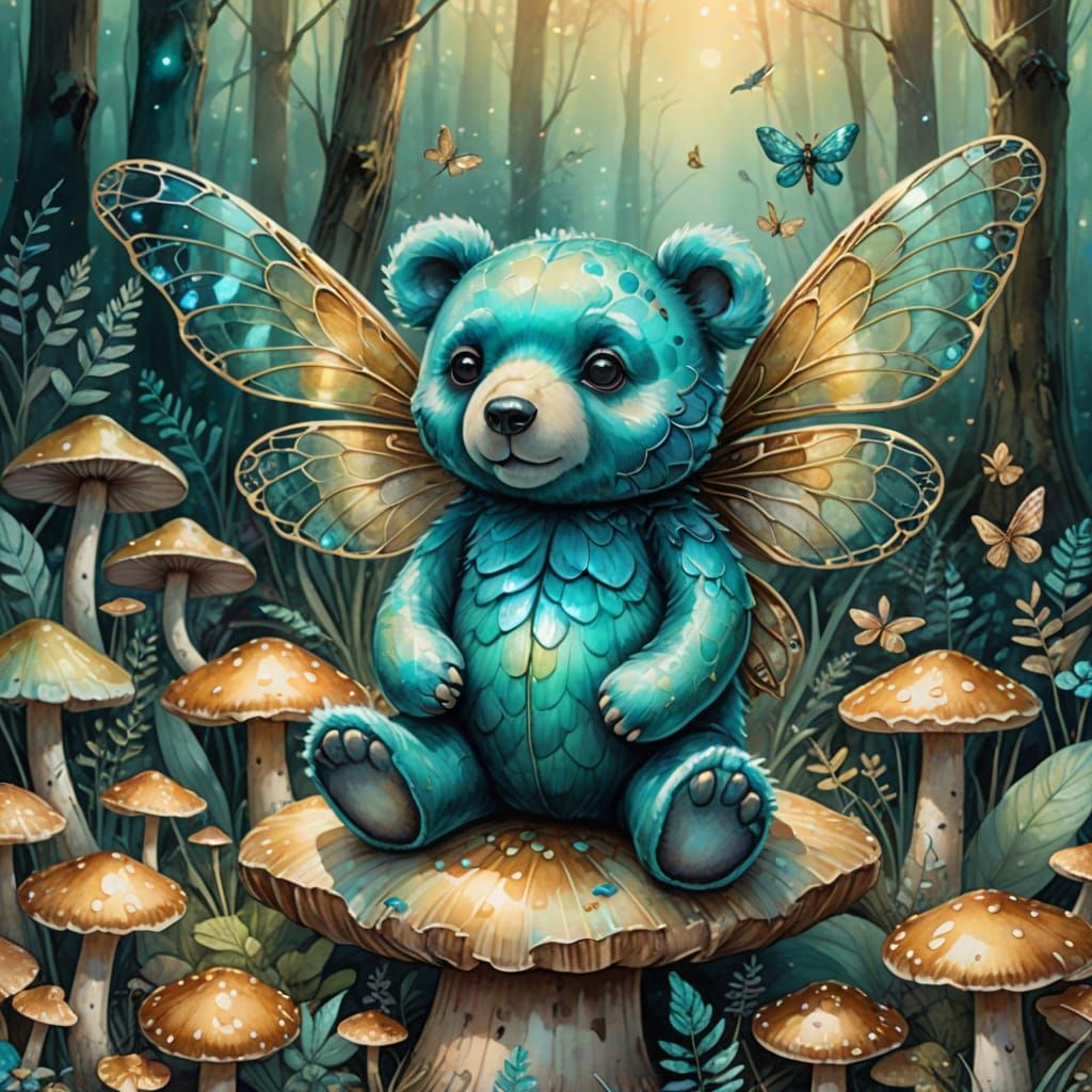 Turquoise Teddy Bear with Dragonfly Wings Watercolor