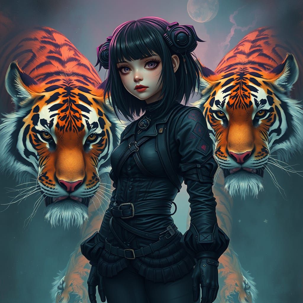 Gothic Girl with Tigers in Mystical Realism Style