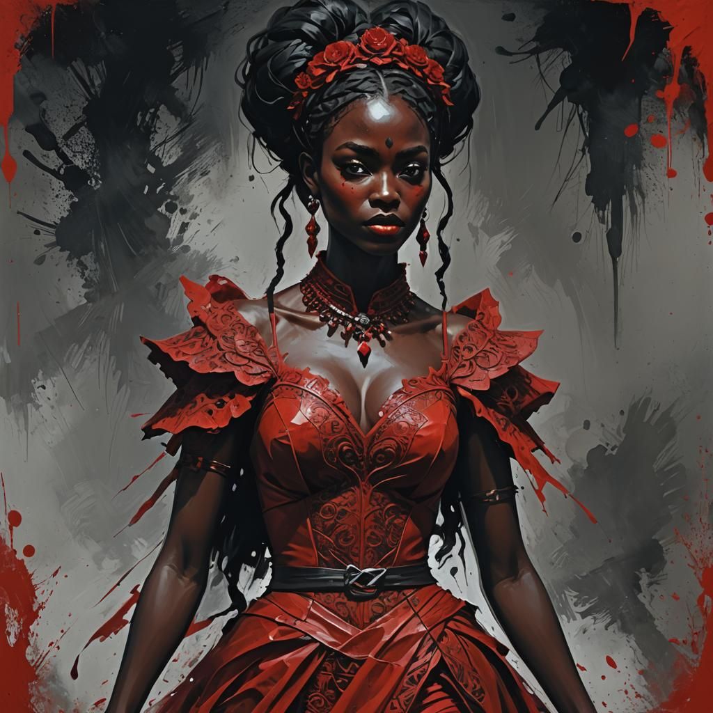 Fantasy Girl in Red Dress, Dark Intricate Style