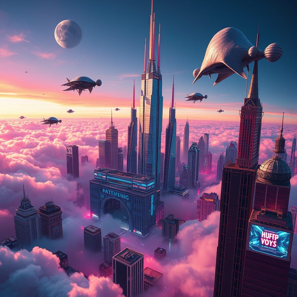 Chrome Cityscape in Clouds: A Surreal Cyberpunk Vision