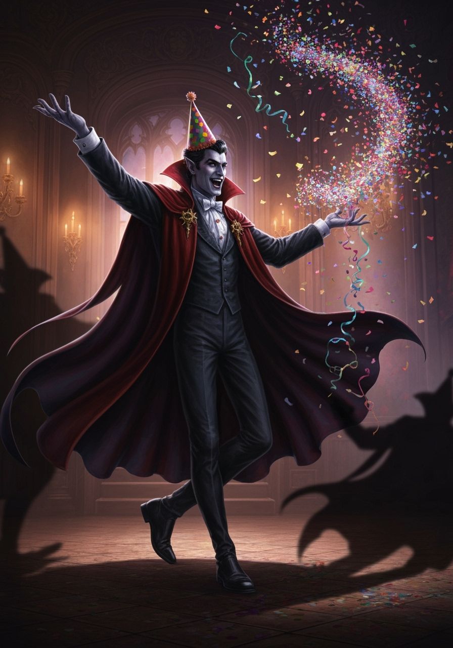 Vampire Celebrates New Year With Confetti in Gothic Style