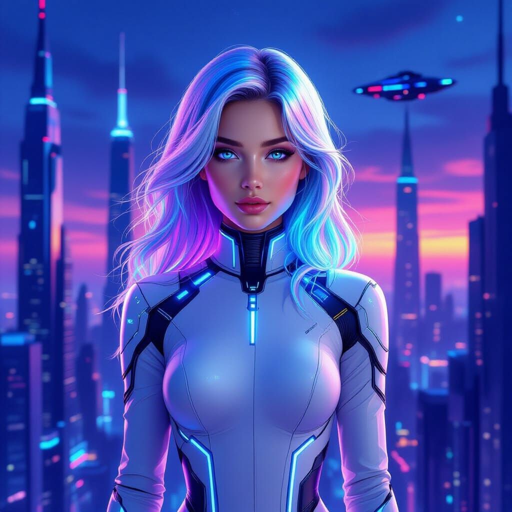Futuristic Woman with Holographic Hair in Neon City