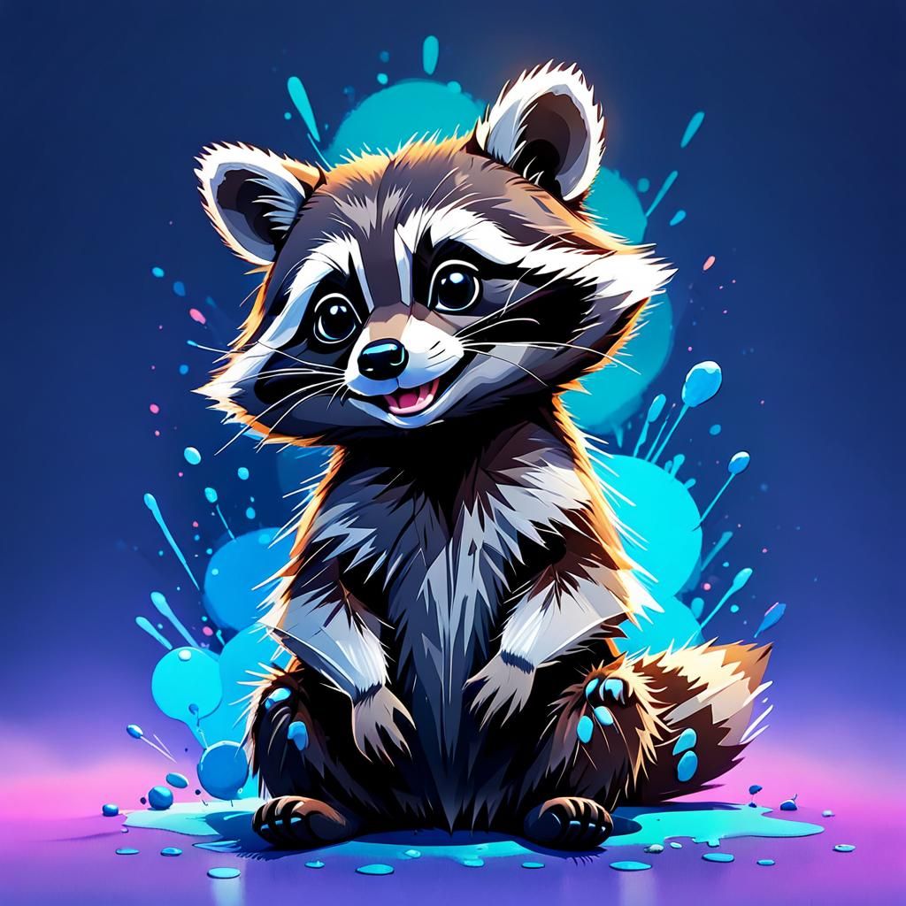 Cute Baby Raccoon Smiling, Soft Watercolor Style
