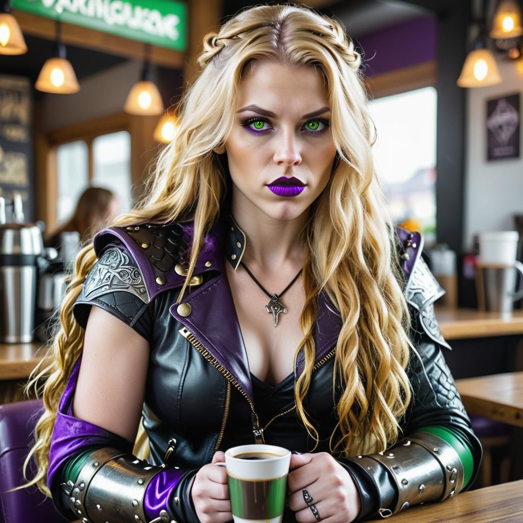 Valkyrie with Viking Features in Cafe