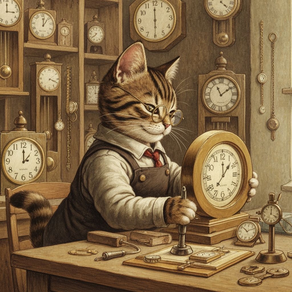 Tabby Kitten Clockmaker in a Workshop