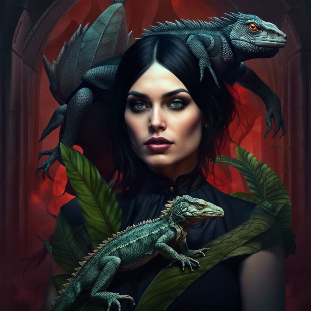 Gothic Woman with Iguana: Detailed Fantasy Portrait