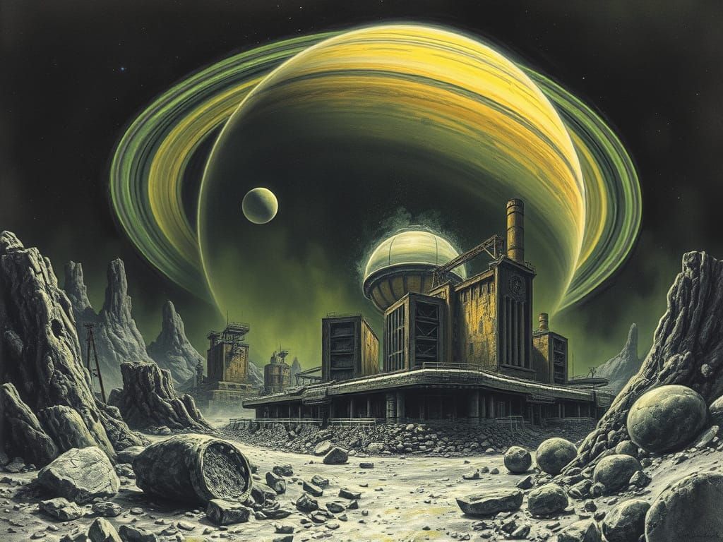 Dystopian Saturn Moonscape in Hyperdetailed Charcoal Style