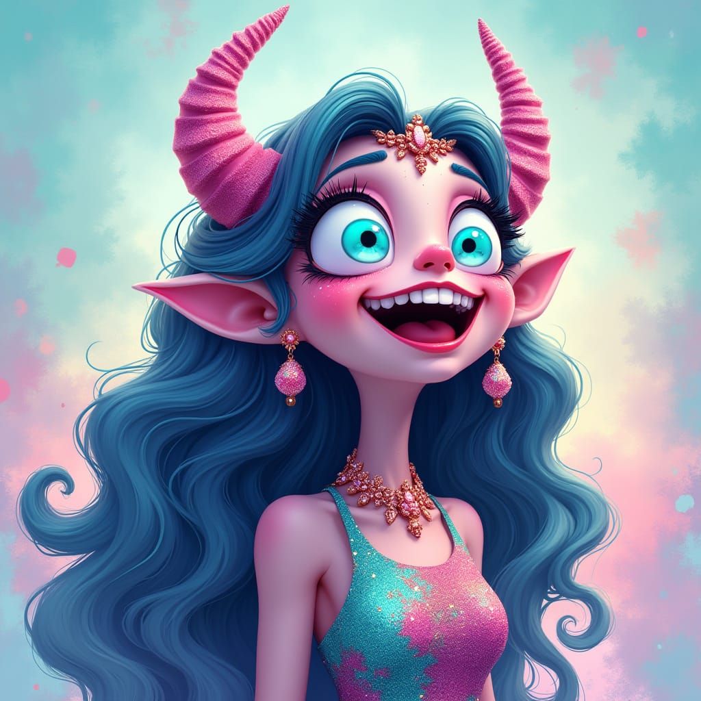 Whimsical Cartoon Monster Girl in Vibrant, Glowing Neon Turq...