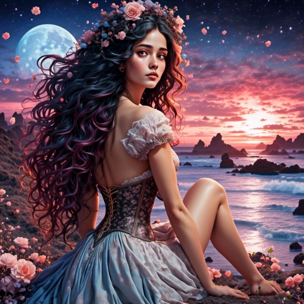 Victorian Woman Lounging in Lush Rose Garden