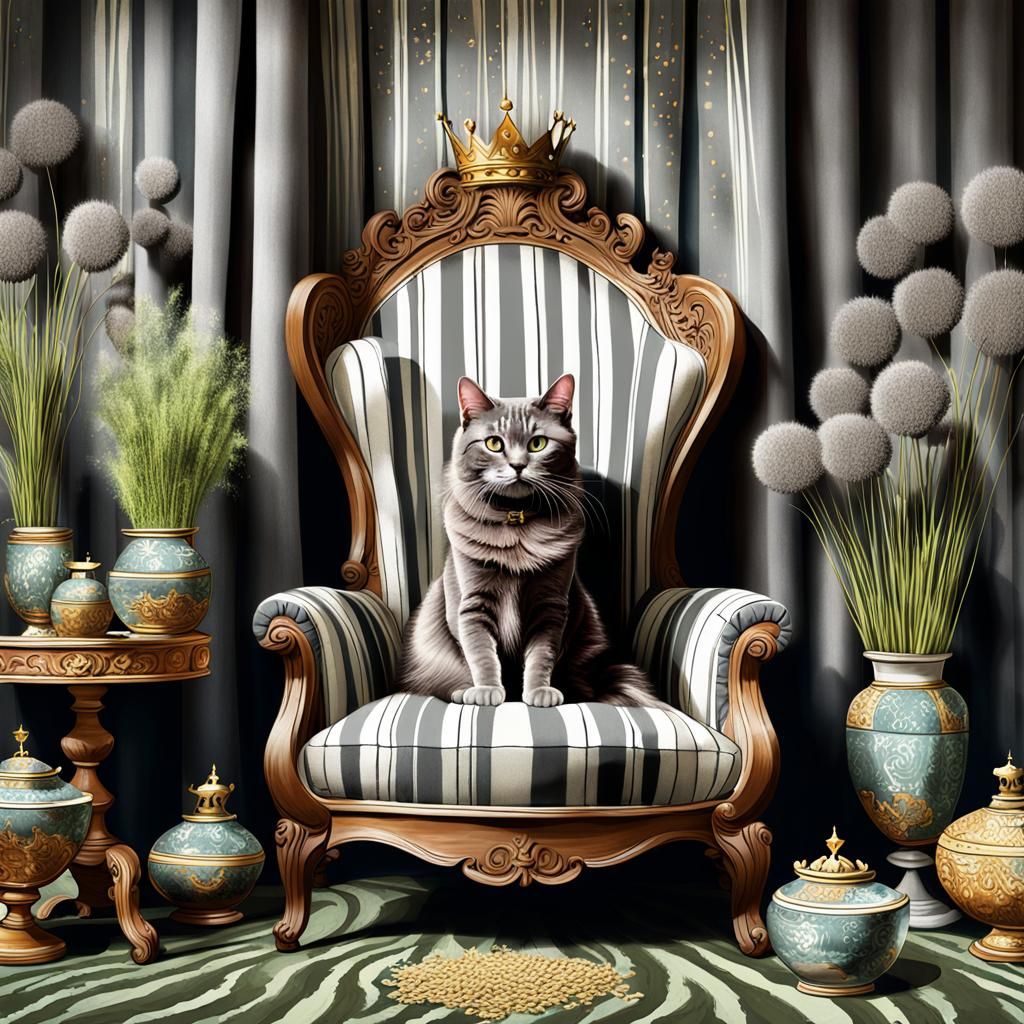Queen Cat on Throne in Gouache Style
