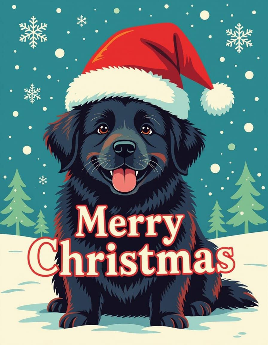 Happy Newfoundland Dog in Christmas Hat