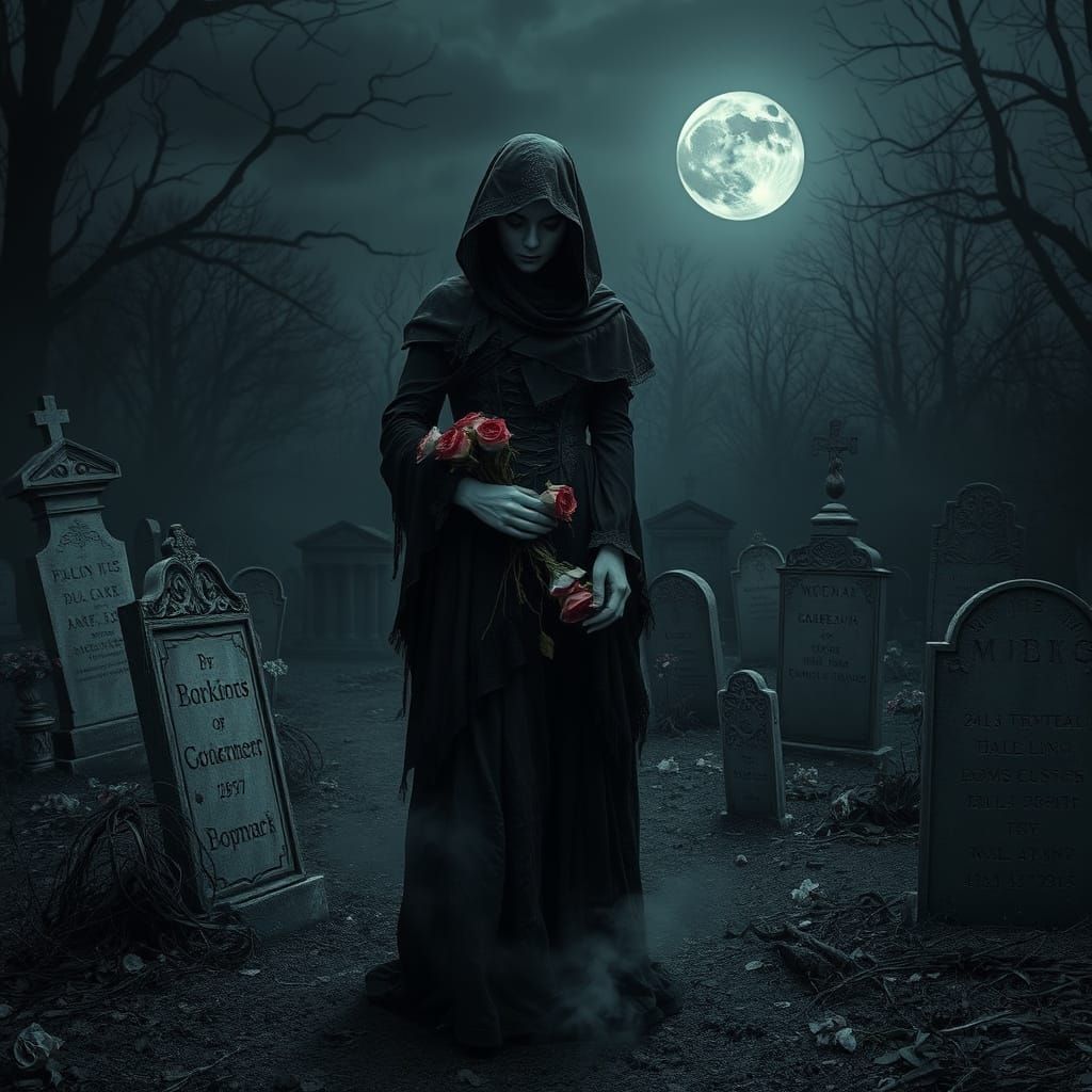 Melancholic Mourner in Victorian Attire, Surrounded by Cemet...