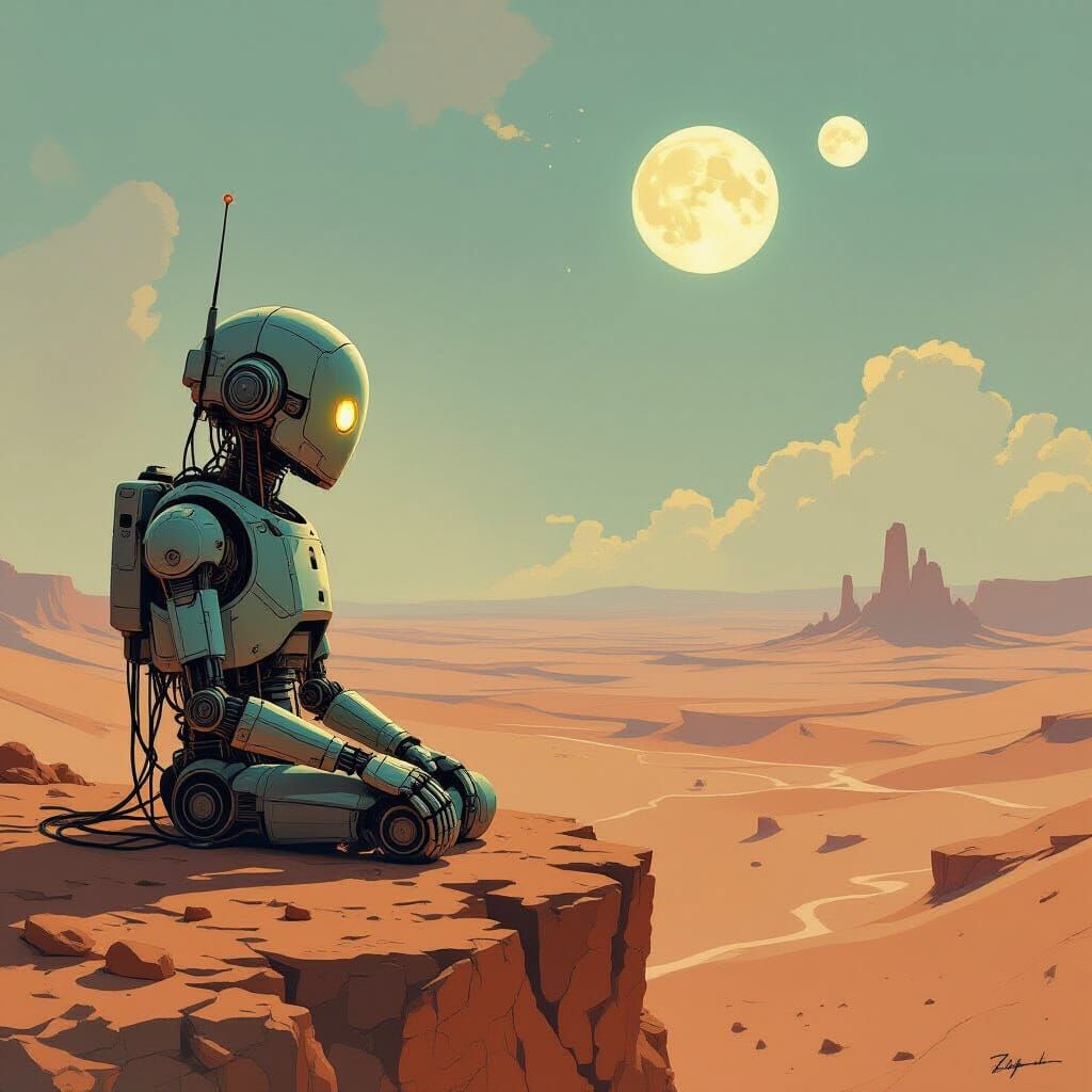 Weathered Robot Contemplates Alien Desert Under Twin Moons