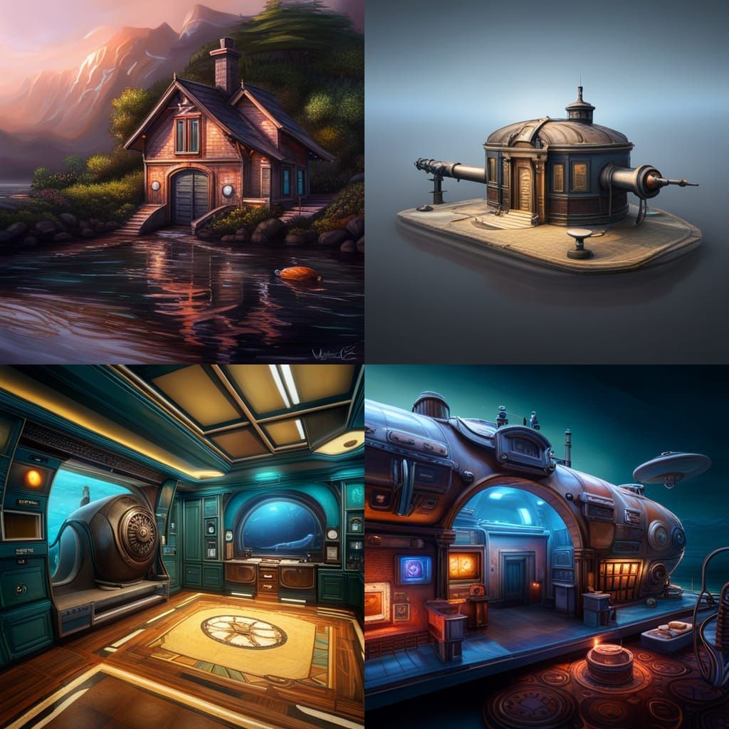 Hyperrealistic Colorful House Submarine Acrylic Painting