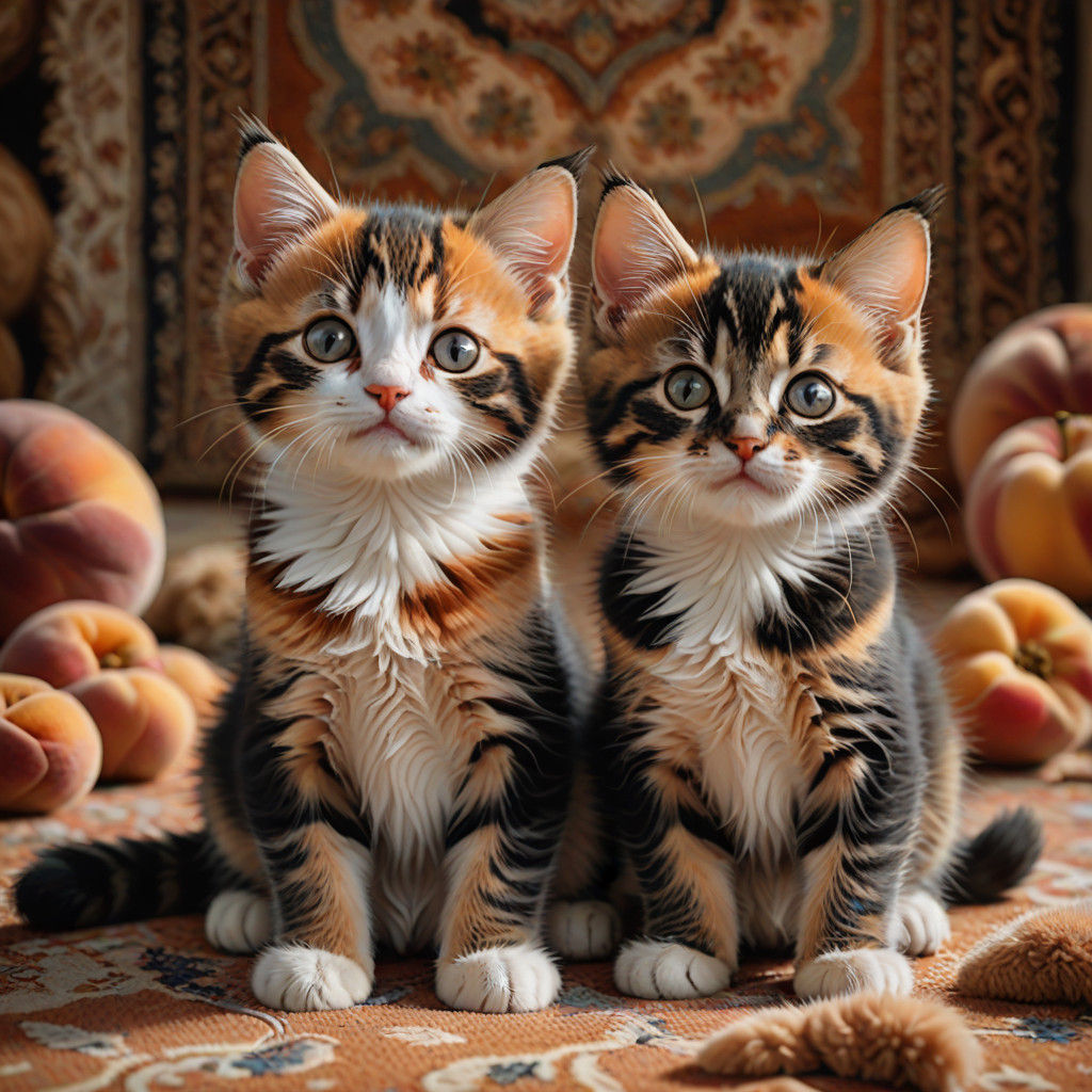 Surreal Calico Kittens Encounter on Peach Rug in an Epic Cin...