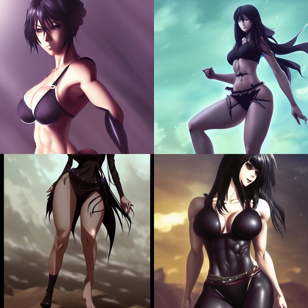 Gothic Anime Woman with Muscular Physique and Dark Attire