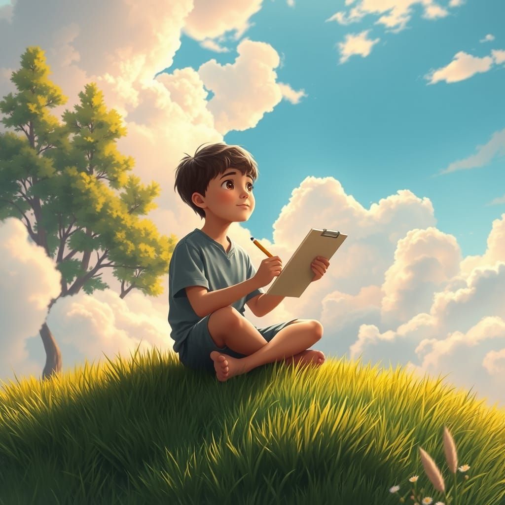 Serene Boy Lost in Artistic Expression on a Dreamy Green Hil...