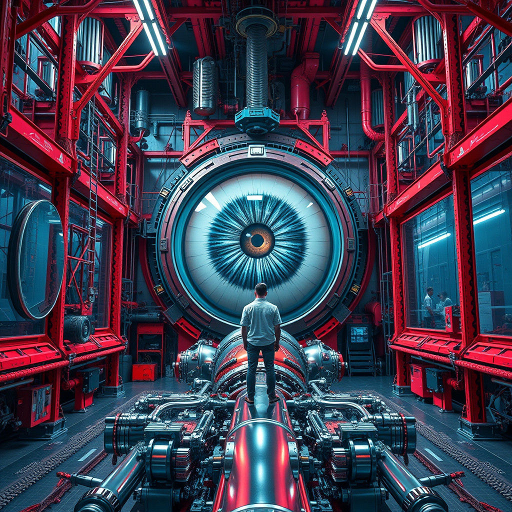 Cyberpunk Eye in Industrial Interior: Hyperrealistic Triptyc...